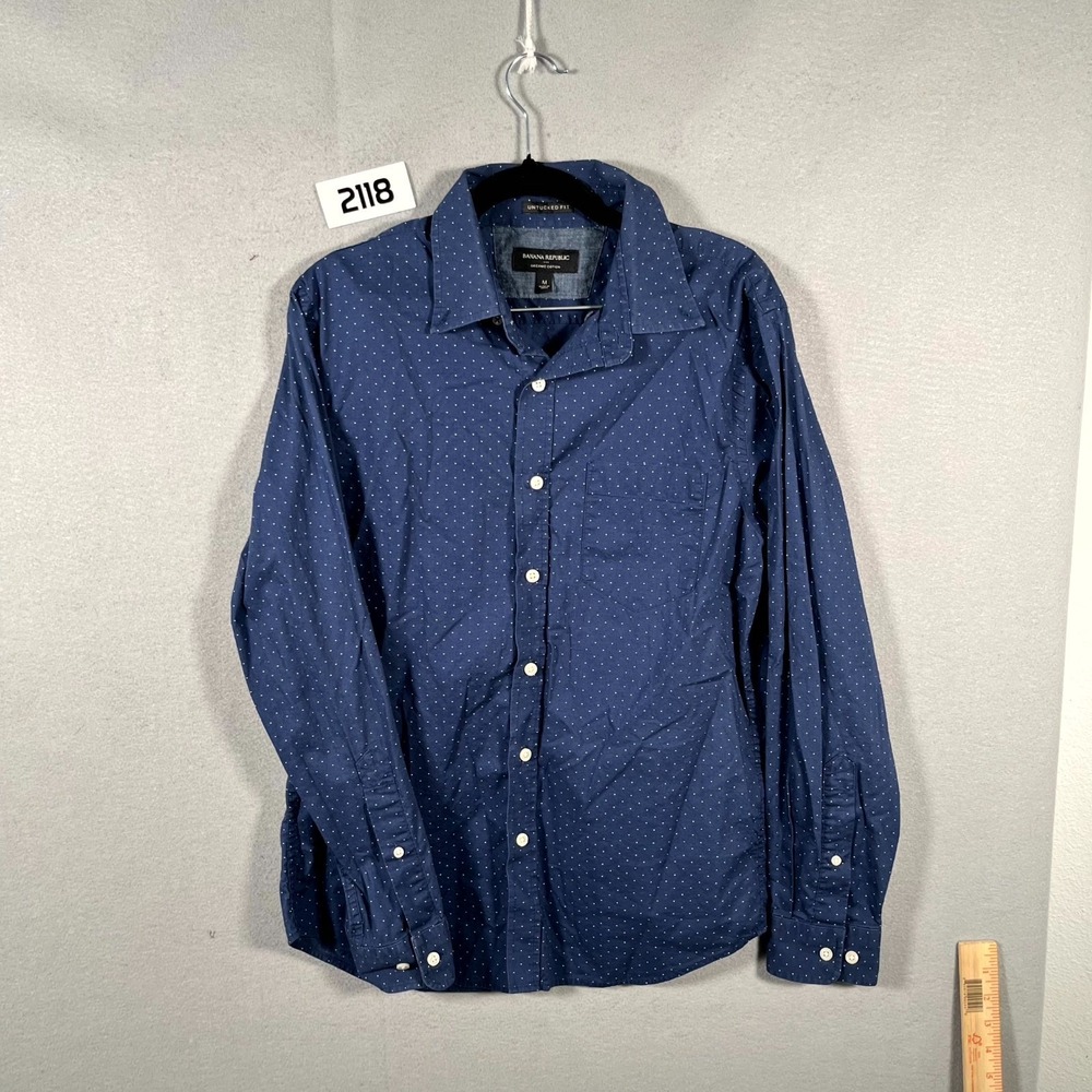 Banana‎ Republic Untucked Fit Shirt Mens Medium Navy Blue Dotted Organic Cotton
